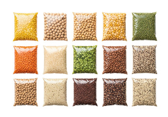 Assortment of dried legumes and grains in clear bags isolated on transparent background