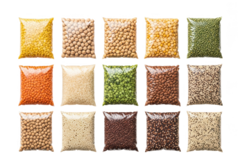 Assortment of dried legumes and grains in clear bags isolated on transparent background