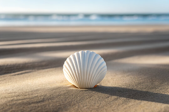 Lone white seashell resting on sunlit sand with gentle shadows symbolizing calm, purity, and coastal serenity