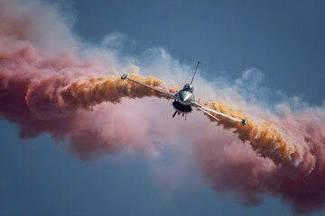 Naklejka premium Fighter Jet Performing Barrel Roll Maneuver With Smoke Trails Aerobatic Display Military Aviation Aerial Stunt