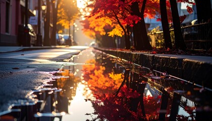 Autumn street scene with red-orange trees reflected in puddle, evoking seasonal change, urban calm, and poetic warmth.