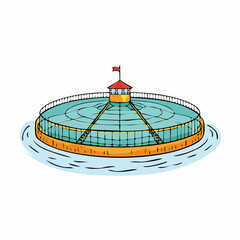 Obraz premium Offshore fish farm shows large circular pens in the ocean