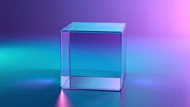 A clear glass cube sitting on a surface. The background is a mix of purple, teal, and pink gradients