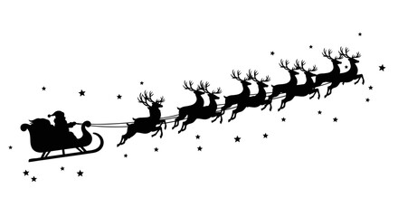A black silhouette of Santa Claus riding his sleigh pulled by eight flying reindeer against a white background.