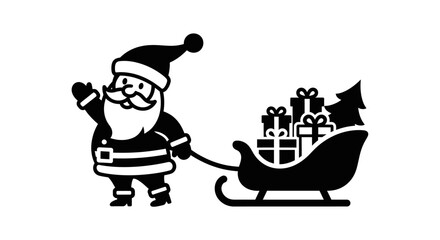 A black and white silhouette of Santa Claus pulling a sleigh full of Christmas presents and a tree, waving.