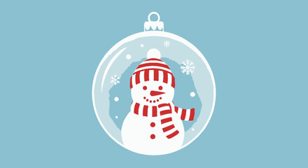A cheerful cartoon snowman wearing a striped hat and scarf inside a transparent Christmas bauble ornament.