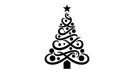 A black and white stylized Christmas tree graphic with swirling branches, decorative dots, and a star on top, representing holiday cheer.