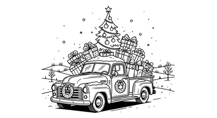 Black and white illustration of a vintage truck loaded with Christmas gifts and a tree.