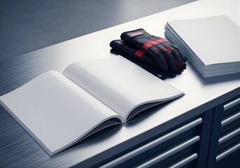 Automotive Performance Magazine Mockup on Metal Workbench Beside Gloves and Car Magazine Stack, Cool Daylight Tone