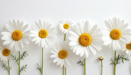 Obraz premium Row of white daisies with yellow centers on white, evoking purity, symmetry, and gentle natural charm.