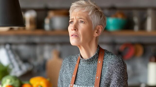 An elderly woman in a kitchen wearing an apron clutches her throat with a worried expression, vegetables on the counter behind her.