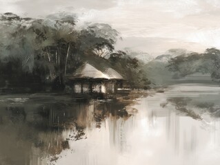 Fototapeta premium Tranquil lakeside hut amidst lush forest serene nature scenery