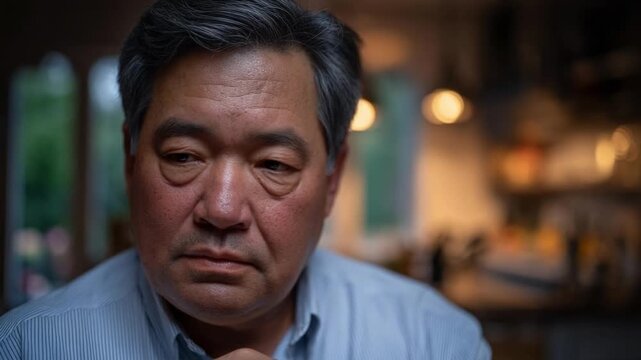 A contemplative man with gray hair rests his chin on his hand in a softly lit, cozy room.