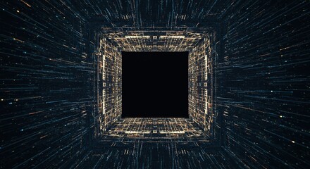 Abstract digital rendering showing a complex geometric pattern with a perfect square void in the center, symbolizing unknown data or future discovery, absence, technology, form