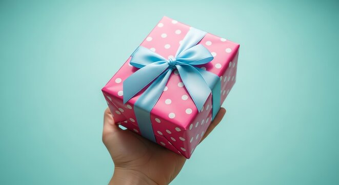 Pink gift box with blue ribbon and polka dots