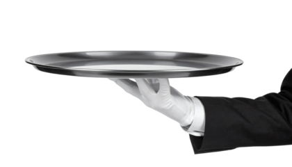 Elegant server presents silver tray, ideal for showcasing upscale dining or luxury hospitality services with professional appeal