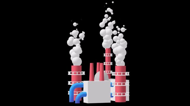Industrial building factory facility power plant with smoke from chimney 3d render animation available in FullHD and 4K video