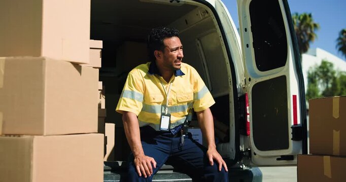 Thinking, tired and delivery man in van outdoor for ecommerce, logistics and distribution pressure. Male person, sweating and fatigue in vehicle, shipping boxes and supply chain workload with burnout