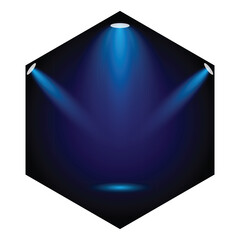 Abstract hexagon with blue spotlights shining down in a dark modern setting.