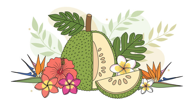 Exotic Fruit And Vibrant Tropical Floral Arrangement With Lush Greenery Displayed