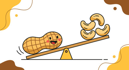 Delicious Peanut and Cashew Cartoon Characters Playing On A Cute Seesaw Illustration