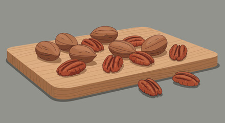 Delicious Pecan Nuts Arranged on a Wooden Cutting Board with Simplified Visuals