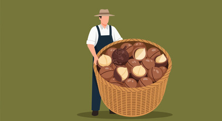 Farmer Displaying Large Basket of Macadamia Nuts with Harvested Crop in Rural Setting
