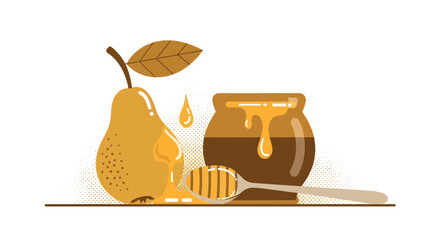 Delicious Pear With Honey Dripping From a Pot and a Spoon with a Modern Design