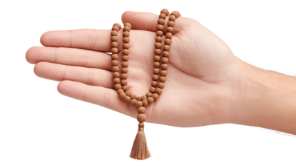Hand Holding Prayer Beads Rosary on White Background