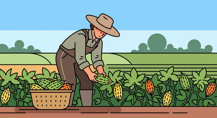Farmer Harvesting Bitter Gourds In A Field Under A Sky With Clouds Perfect For Prints