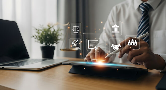 Man uses stylus on tablet displaying legal and business concept icons at desk with laptop and scales of justice - Powered by Adobe