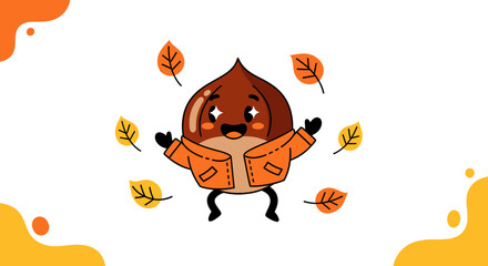 Festive Cartoon Chestnut Character Enjoys Fall Season Among Colorful Falling Leaves