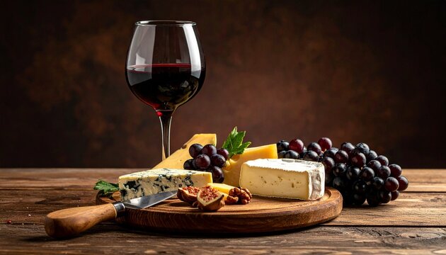 “Rustic Wooden Table with Glass of Red Wine, Assorted Cheeses, and Grapes in Warm Gourmet Setting”