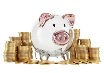 Glass piggy bank surrounded by stacks of gold coins isolated on transparent background
