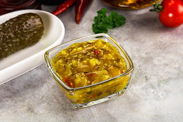 Souce gherkin relish with marinated cucumbers