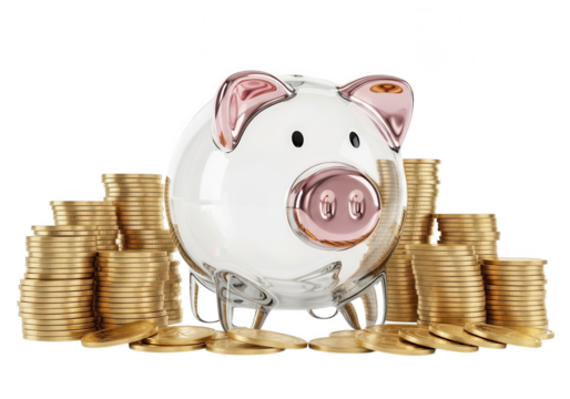 Glass piggy bank surrounded by stacks of gold coins isolated on transparent background