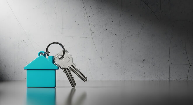 Turquoise house keychain with two silver keys against a textured grey wall and dark grey surface
