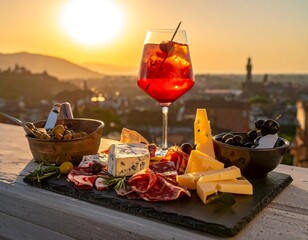 A vibrant sunset casts a warm glow on a spread of appetizers with a cocktail overlooking a historic cityscape