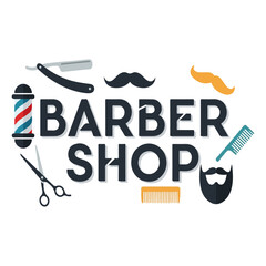 Naklejka premium Modern Flat Design Barber Shop Typography Banner: Illustrated with Classic Barber Pole, Straight Razor, Scissors, Moustache, Beard, and Comb Icons for Haircut Service Branding & Signage