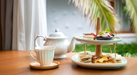 Indulge in a luxurious high tea experience with elegant pastries and tea set, perfect for lifestyle blogs, hotel promotions, and upscale events advertising