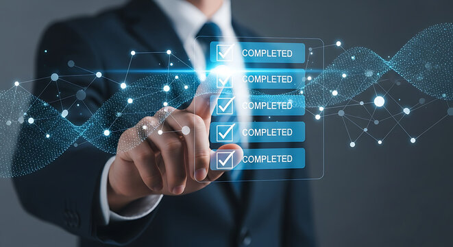 Businessman touching virtual screen with completed checklist for business and quality management, showcasing task completion and approval process.