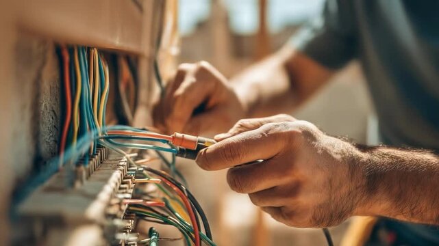 Technician wiring network cables into a patch panel.