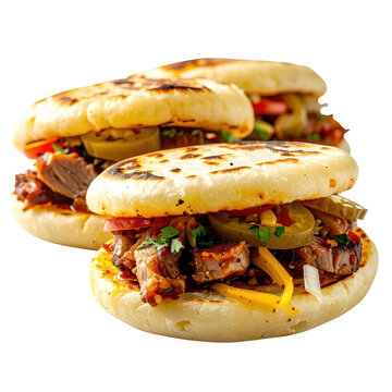 Authentic venezuelan arepas con pernil pork stuffed and grilled isolated on white background