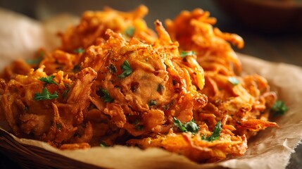Crispy Onion Bhaji Indian Fritter on Brown Paper