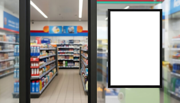 Promote your next sale event with this blank poster on a convenience store door for maximum exposure with this high-impact advertising opportunity