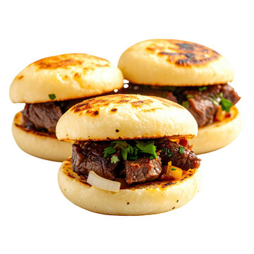 Crispy mini arepas filled with flavorful beef, isolated on a bright white background a classic colombian street food delight