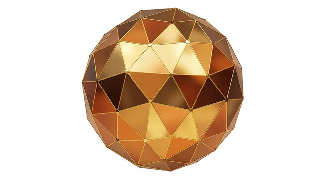 Golden geometric sphere with triangular facets, elegant and luxurious 3d render.
