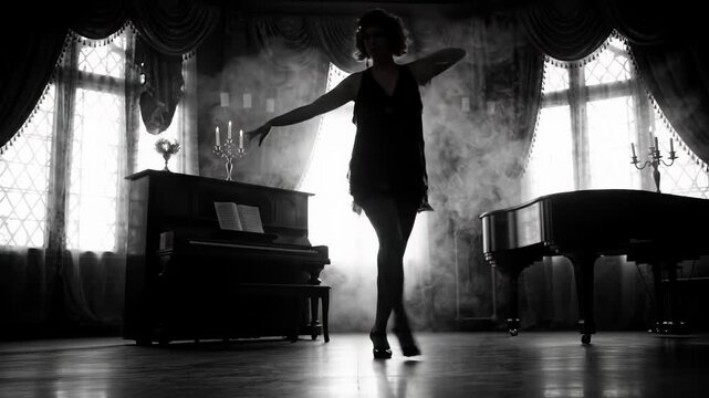 Silhouetted woman in flapper dress dances gracefully in ornate gothic ballroom, ethereal smoke, chiaroscuro lighting, golden sparks, soft bokeh. Haunting dreamlike atmosphere