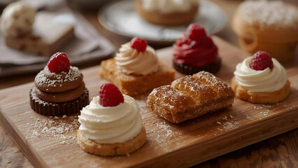 Close-up of fancy small desserts with whipped cream and fruit, perfect for a cafe or bakery menu