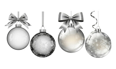 Elegant silver christmas tree ornaments set with ribbons and snowflake patterns